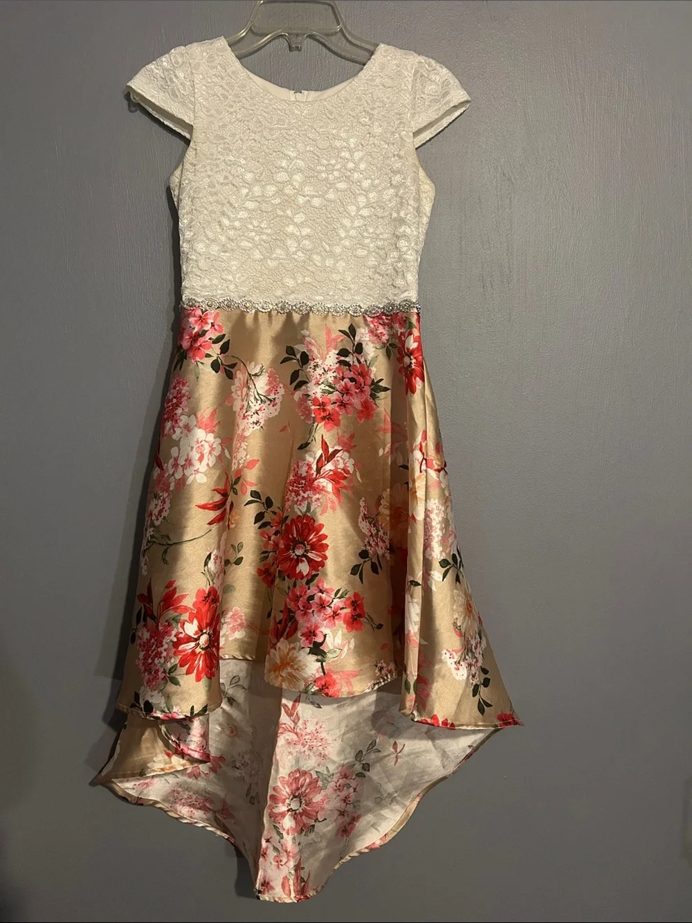 Rare Editions White Lace Bodice Gold Floral High-Low Dress